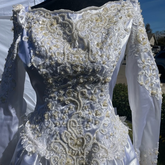 Vintage high low overlay dress, slightly off shoulder, champagne colored beading - Picture 1 of 5